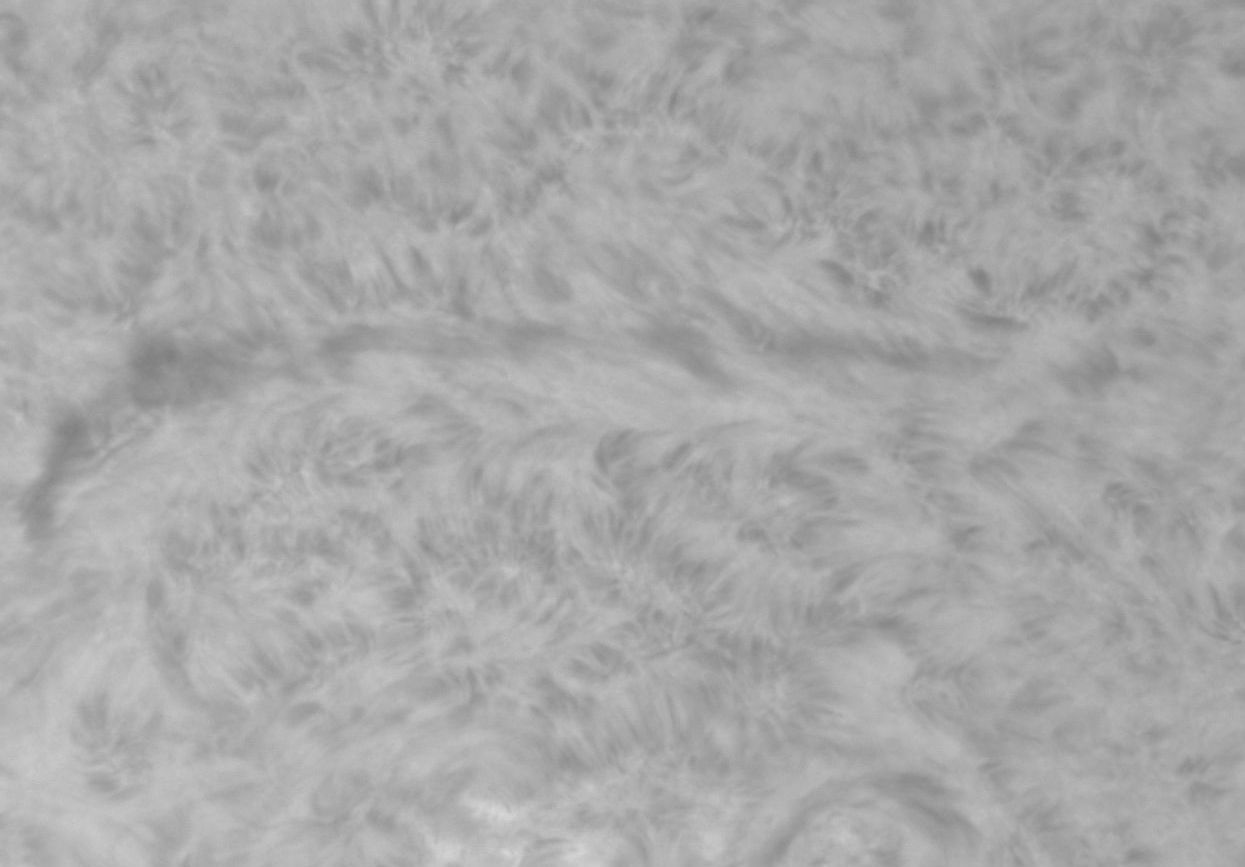 Surface et filament solaire en Hα le 02/07/11 à la TOA 130 + PST & barlow 3 x, image brute prétraitée